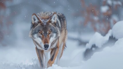 Fototapeta premium A fierce wolf moves silently through the snowy terrain, its gaze unwavering and determined. The icy landscape accentuates the wolf’s predatory instincts and the harsh beauty of its environment.