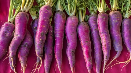 A Close-Up of Vibrant Purple Carrots with Green Tops on a Magenta Surface