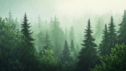 Fototapeta premium Dense evergreen forest under heavy rain in a misty atmosphere during early morning hours