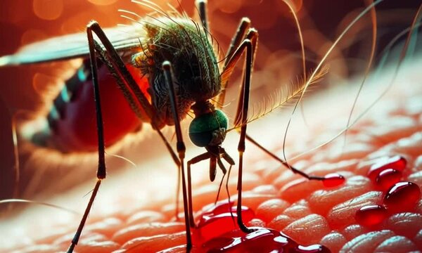 A mosquito is sucking blood on human skin