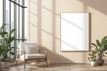 Poster Frame in Beige minimalist living room interior created with generative AI