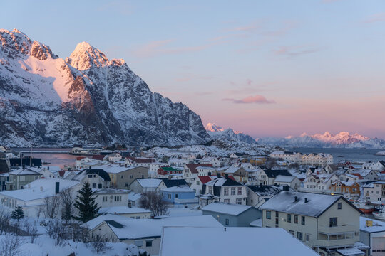 Henningsv&aelig;r village in Lofoten Islands after Sunset