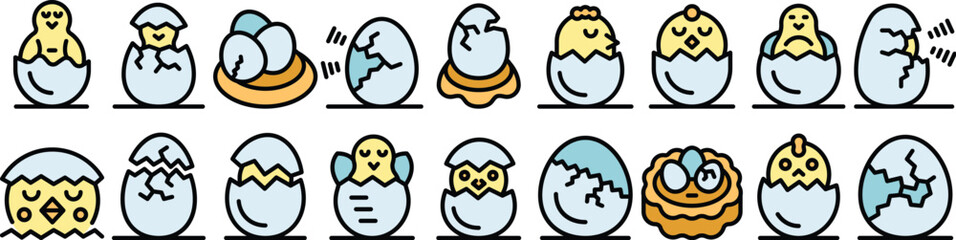Baby chickens hatching from eggshell set vector. Newborn chicks and cracked eggs stages collection in different positions with yolk and feather symbols. Color contour illustration