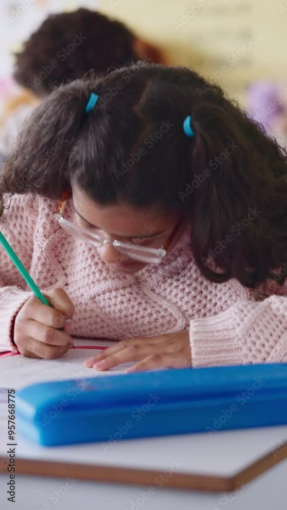 Poster Girl, writing and exam at school with thinking, education or problem solving for maths quiz at academy. Child, test and assessment with solution, learning and development with progress in classroom