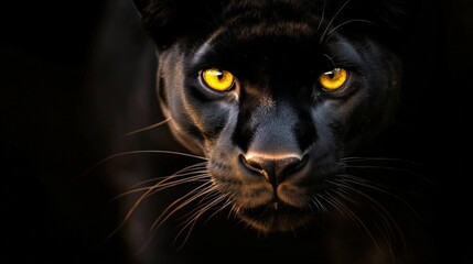 Close-up of a black panther with piercing yellow eyes, showcasing the beauty and intensity of this majestic predator in its natural habitat.