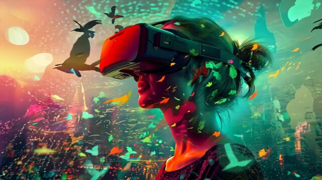 A woman wearing a virtual reality headset is looking at a cityscape. The city is filled with birds, and the sky is a mix of colors. Scene is one of excitement and adventure