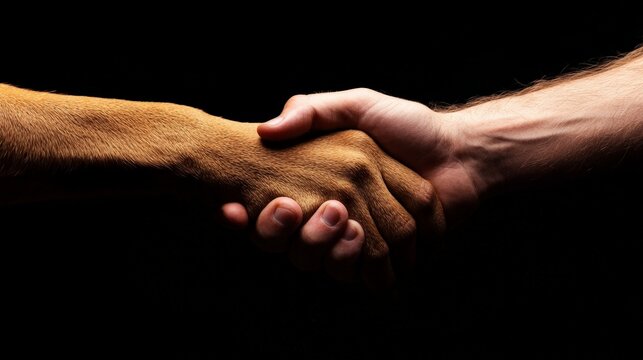 Close-up of a handshake between a human hand and a dog's paw, symbolizing trust, friendship, and bond between humans and animals.