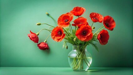 red poppies in glass vase on green background from above aerial view