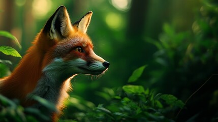 Fototapeta premium Close-up of a red fox in a lush green forest, highlighted by soft sunlight filtering through the trees.