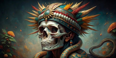 Obraz premium A striking painting of a skull with a headdress and a snake wrapped around its neck