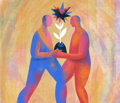 Two persons holda flower in their hands. Concept of cooperation.