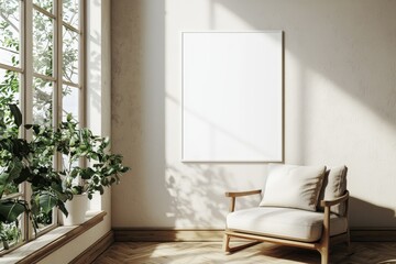 Poster Frame in Beige minimalist living room interior created with generative AI