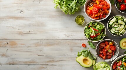 Fresh, colorful salad ingredients arranged on a wooden table ready for a healthy meal preparation in a bright kitchen setting