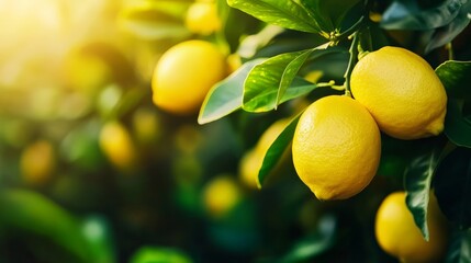 Close-up of ripe lemons hanging on a lemon tree with green leaves, bathed in warm sunlight, showing vibrant yellow citrus fruits ready for harvest.