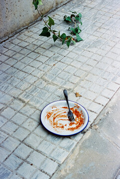empty plate on the sidewalk, 35mm film
