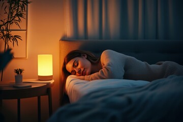 A young woman peacefully sleeping in a cozy bedroom with warm lighting during the evening hours, surrounded by a serene atmosphere