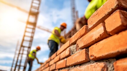Construction workers building a brick wall on a sunny day with scaffolding in the background.