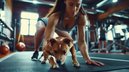 Coach is helping fit strong sportswoman with bird dog workout in a gym. 
