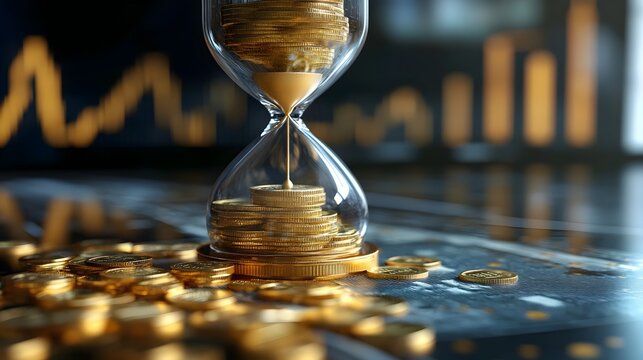 3D Rendered Hourglass with Falling Coins and Descending Interest Rate Line   Time and Money Metaphor