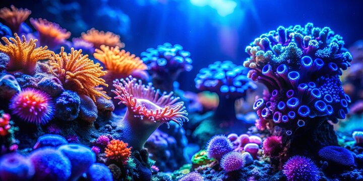 Vibrant corals and sea squirts glowing under blue light on a sunlit surface