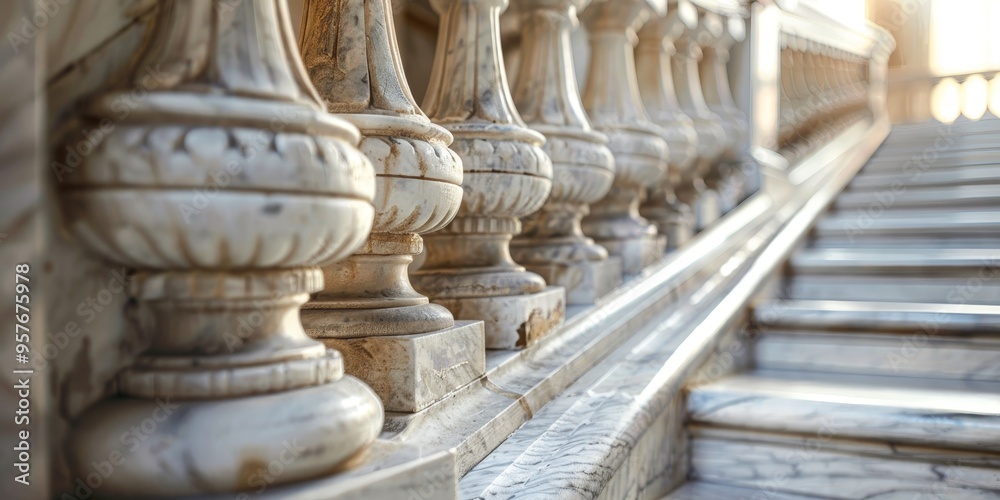 Aufkleber a close-up of a marble stone staircase with intricate railings, highlighting the material's durabili