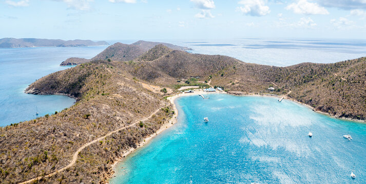 Beautiful aerial shot of Norman Island in BVI on a bright, sunny afternoon
