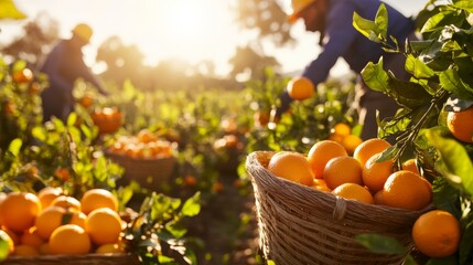 Farmers harvesting ripe oranges in a sunlit orchard. Fresh oranges in baskets, depicting the essence of agriculture and organic farming.