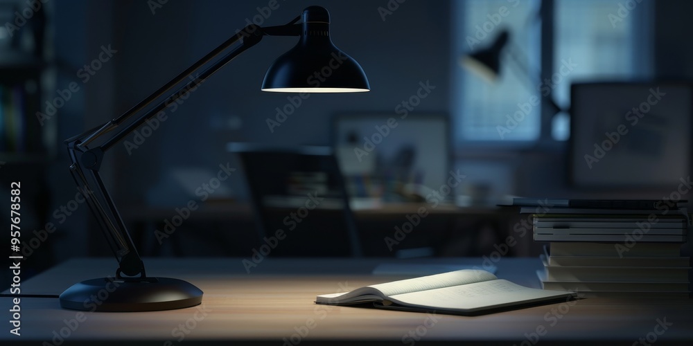 Aufkleber A minimalist desk lamp casting a focused beam on an open notebook, ideal for productive workspaces