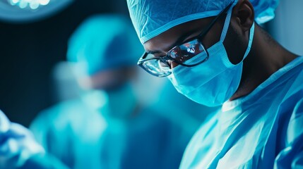 Focused surgeon wearing surgical mask and glasses performing an operation under bright lights in a sterile operating room.