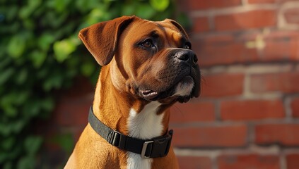 Fototapeta premium A close-up portrait of a boxer dog with a thoughtful expression, set against a backdrop of vibrant greenery and brick wall.