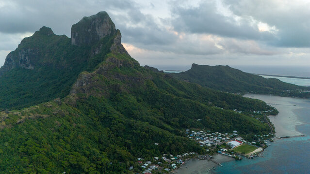 Aerial view captured by drone of Mount Otemanu on the tropical island Bora Bora in French Polynesia. 