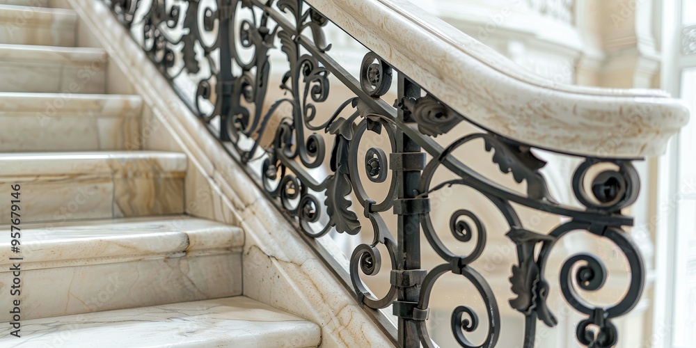 Aufkleber a close-up of a marble stone staircase with intricate railings, highlighting the material's durabili