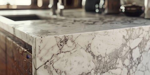 A close-up of a marble stone countertop in a stylish kitchen, highlighting the intricate veining and smooth surface that exudes sophistication