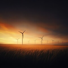 Obraz premium A serene landscape featuring towering wind turbines against a dramatic sunset sky, portraying renewable energy and tranquility.