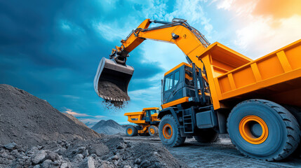 Obraz premium Excavator Loading Dump Truck with Dirt at Construction Site