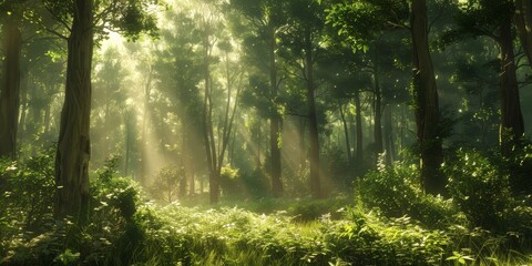 A serene forest scene with sunlight filtering through lush green trees, showcasing tranquility and natural beauty
