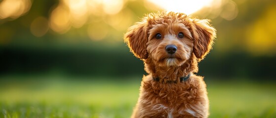 Adorable golden puppy sitting in a sunlit field, exuding warmth and charm, perfect for pet lovers and cheerful imagery.