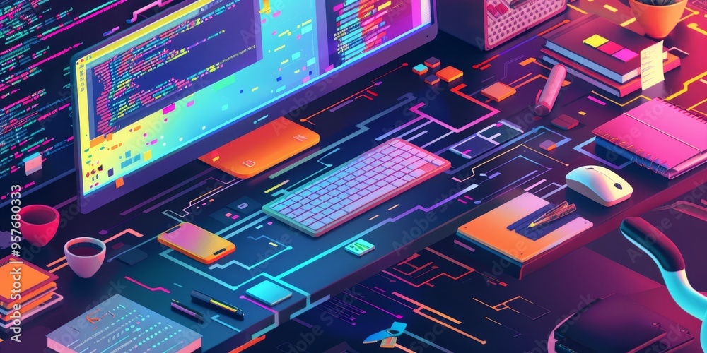 Leinwandbilder abstract composition of colorful coding languages and digital tools on a designer's desk