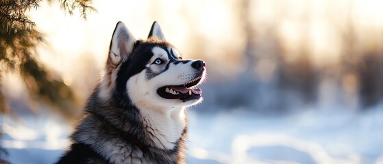 A beautiful Siberian husky dog stands in the snow, basking in the warm glow of the sunlight during a winter day.