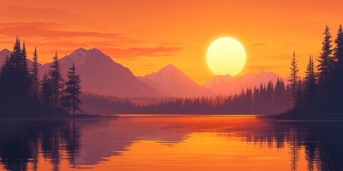 Fototapeta premium beautiful view of sunset over lake wallpaper. A landscape of Sunset over lake. landscape with a lake and mountains in the background. landscape of mountain lake and forest with sunset in evening. 