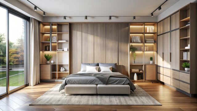 A bedroom features contemporary cupboards with sliding doors and shelving, providing ample storage in a room that is