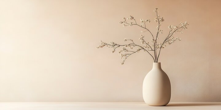 minimalism, background, beige wall, cream-colored floor with a light beige terracotta vase and branches of dried flowers. Zen and relaxing decor Negative space for copyspace text 