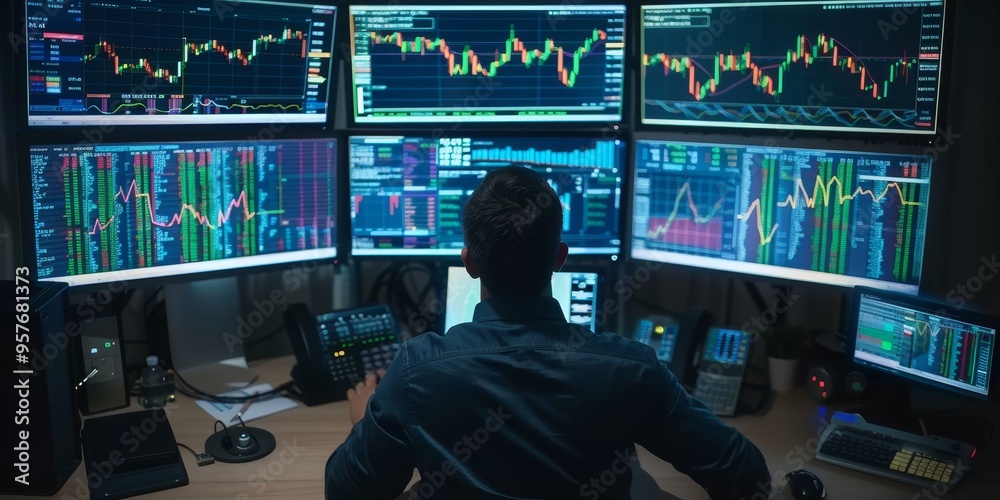 Poster A trader monitoring stock market movements on multiple screens with precision and strategic analysis