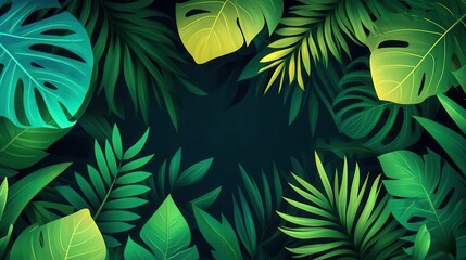 Jungle leaves with rich depth, flat design, front view, lush greenery theme, water color, Triadic Color Scheme