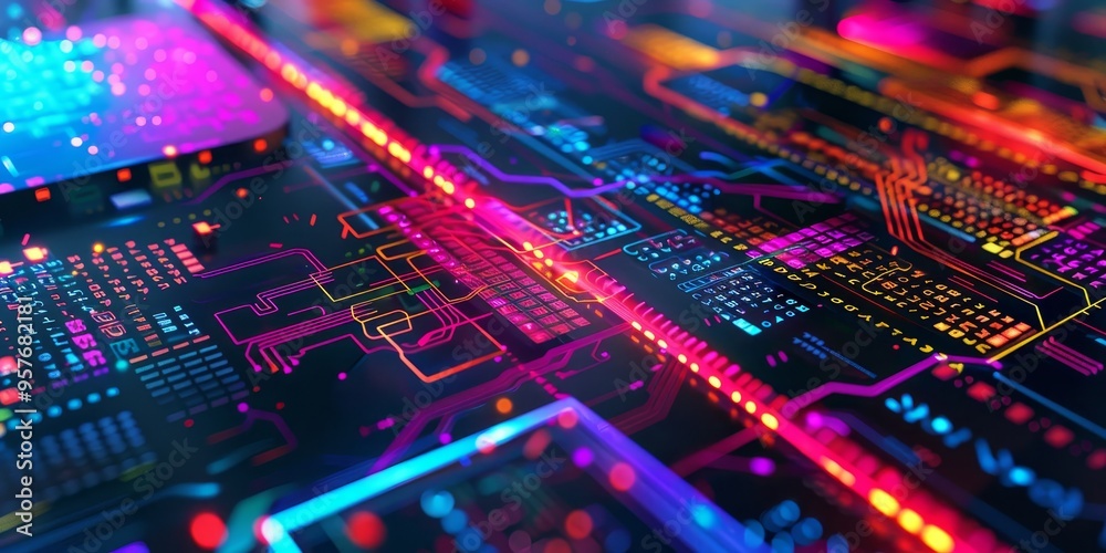 Leinwandbilder abstract composition of colorful coding languages and digital tools on a designer's desk