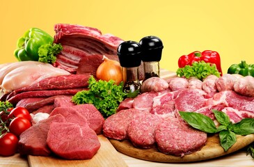 Fresh tasty raw meat pieces on the desk