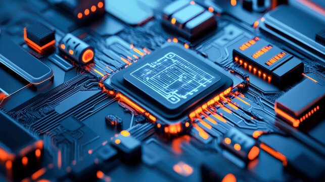 A close-up view of a modern circuit board featuring intricate details and vibrant colors, showcasing the technology of electronics.