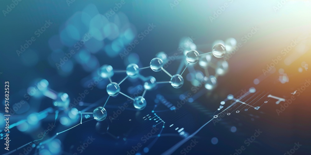 Poster High-resolution image of a 3D molecular model with connecting bonds, placed over a scientific graph, perfect for educational purposes