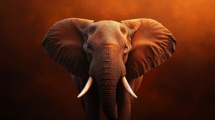 Fototapeta premium Majestic close-up of an elephant with prominent tusks, set against a warm, dramatic backdrop, emphasizing its serene yet powerful presence.