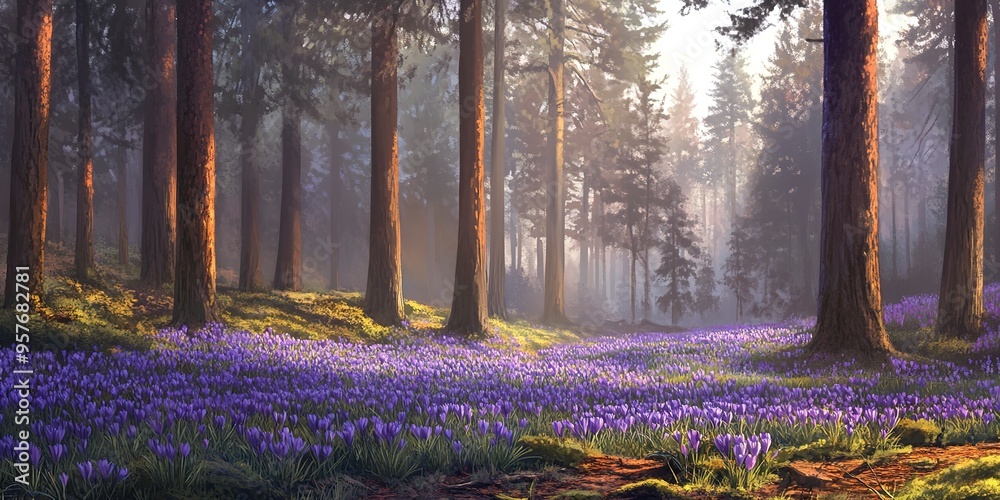 Poster Serene spring forest with a stunning purple crocus bloom under tall trees. 